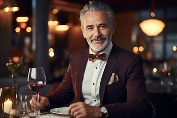 Dating. Elegant Middle aged Caucasian man on date in an expensive restaurant. He holds a glass of red wine, smiling and looking at you. A romantic moment at a restaurant.