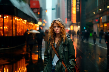 Obraz premium woman alone in the rain takes a walk in the city, she is sad, it's a bad day, blue monday.