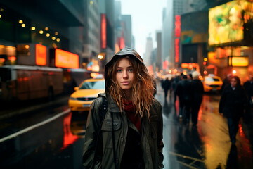 Fototapeta premium woman alone in the rain takes a walk in the city, she is sad, it's a bad day, blue monday.