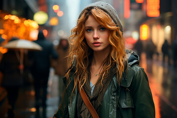 Fototapeta premium woman alone in the rain takes a walk in the city, she is sad, it's a bad day, blue monday.