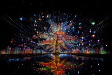 The concept of a bright tree entirely decorated with many colored lights.