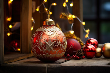 A shiny Christmas ball lies on the table against of background with multi-colored bokeh lights.