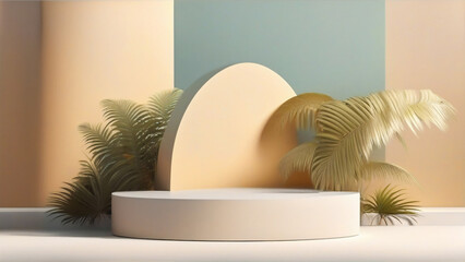 3d render, abstract minimal geometric forms, beige podiums for cosmetic