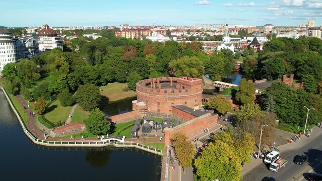 Buildings of the Amber Museum in Kaliningrad, aerial view. Famous Tower of the Don in a fortification in the center of Kaliningrad, drone view
