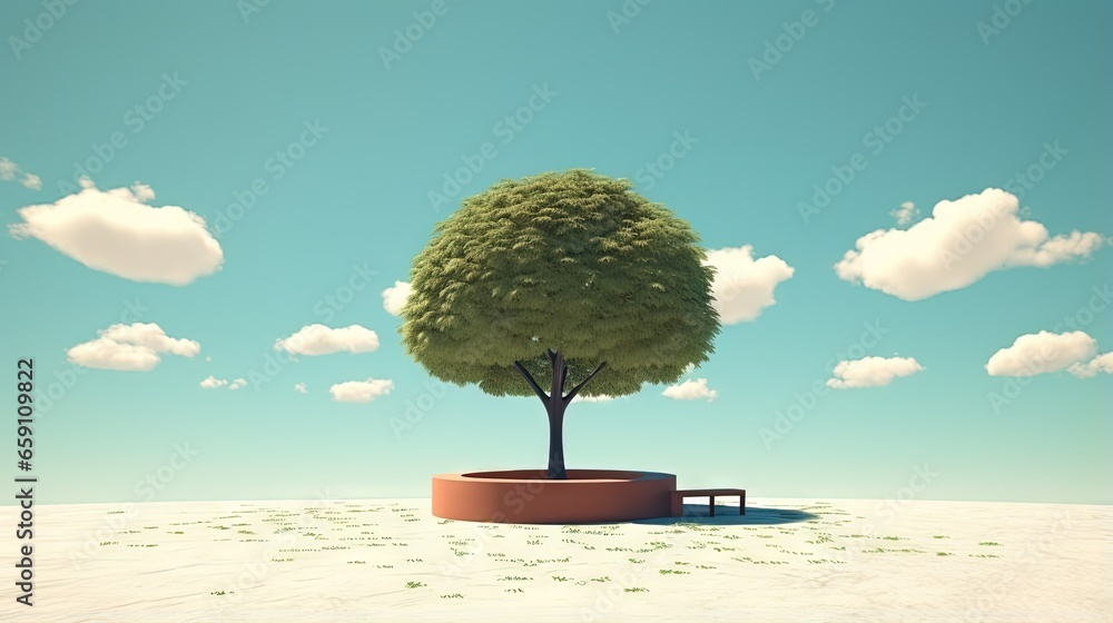 Poster a tree in a pot with a bench under it on a sunny day. generative ai