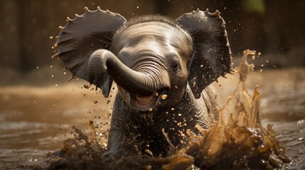  a baby elephant playing in the water with it's trunk.  generative ai