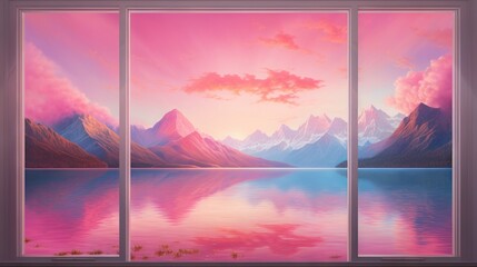  a painting of a mountain lake with pink clouds and a pink sky.  generative ai