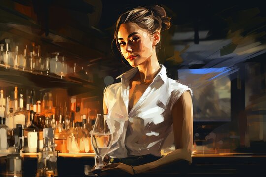 Dynamic Woman bartender. Making bar cocktail. Generate Ai