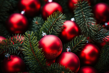 Fototapeta na wymiar A shiny Christmas ball hangs on a Christmas tree branch against a multi-colored bokeh background.