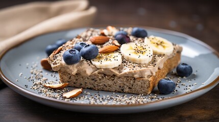  a piece of cake with bananas, blueberries, almonds and chia seeds.  generative ai