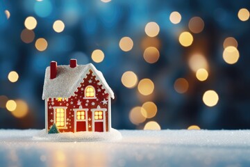 Christmas greeting card with toy house on snow and bokeh background. Created with Generative AI tools