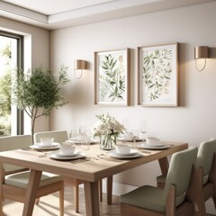Fototapeta na wymiar beautiful cosy natural contemporary interior dining room area with bright and clean design element earth tone material color scheme decorating house beauty background