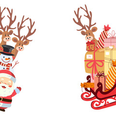 Santa Claus, snowman and reindeer peek out. Sleigh with many gifts.