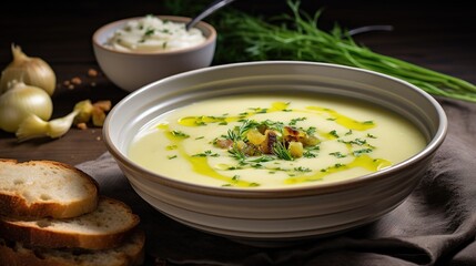  a bowl of soup with bread and garlic on a table.  generative ai