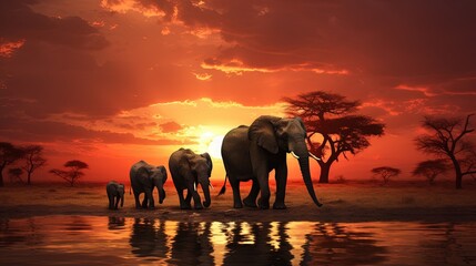 Fototapeta na wymiar a group of elephants walking along a river under a sunset. generative ai