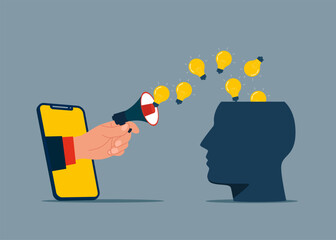 Into loudspeaker sending bulbs to head. Hand human with megaphone out of smartphone attracting attention. Vector illustration