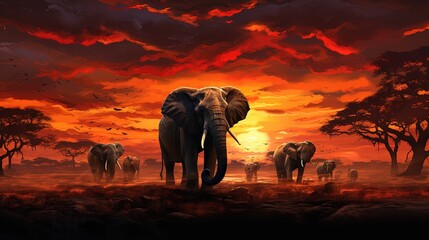 Fototapeta na wymiar a group of elephants standing in a field with a sunset in the background. generative ai