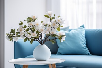 home interior design element close up freshness flower vase on coffee table in living room with background of blue bright colour sofa and pillow daylight cosy comfort home interior background