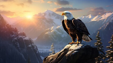  a bald eagle sitting on a rock in the mountains at sunset.  generative ai