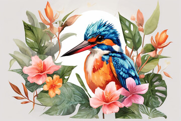South American Kingfisher with tropical leaves and floral flower