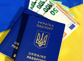 Ukrainian passports and euro currency against the background of the Ukrainian flag.