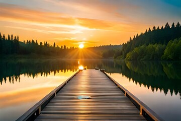 Fototapeta premium a brown wooden dock emerges in front of the calm body of water - AI Generative