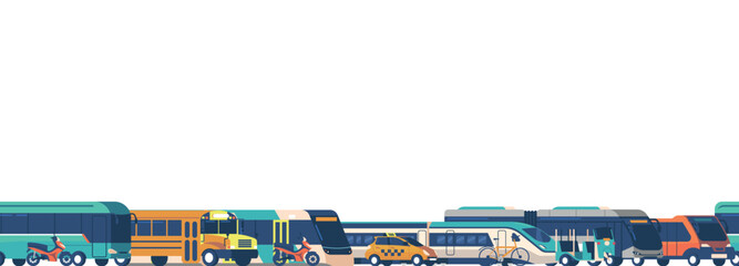 Vibrant Seamless Pattern Featuring Array Of Public Transport, Buses, Trains, Taxi And Trams. Repeated Design, Border