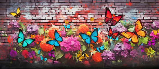 graffiti on the wall, flowers and butterfies. AI generated. 