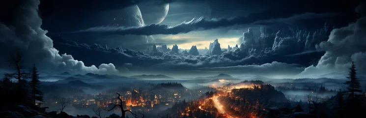 Tuinposter Bright landscape of nature after the explosion, illustration of nuclear winter. Ecology of the planet and beautiful background banner. Free space for copy space © Kostya