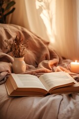 Cozy bedroom scene with open book, candlelight, and dried flowers by the window