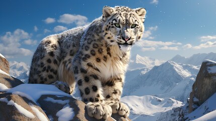 Naklejka premium a snow leopard standing on top of a snow covered mountain. generative ai