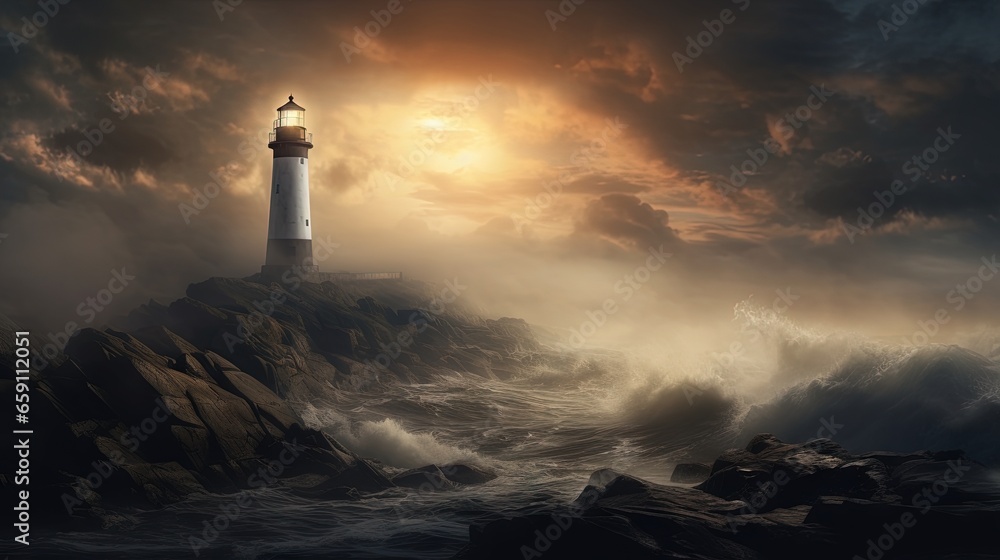 Poster a lighthouse in the middle of the ocean with a cloudy sky. generative ai