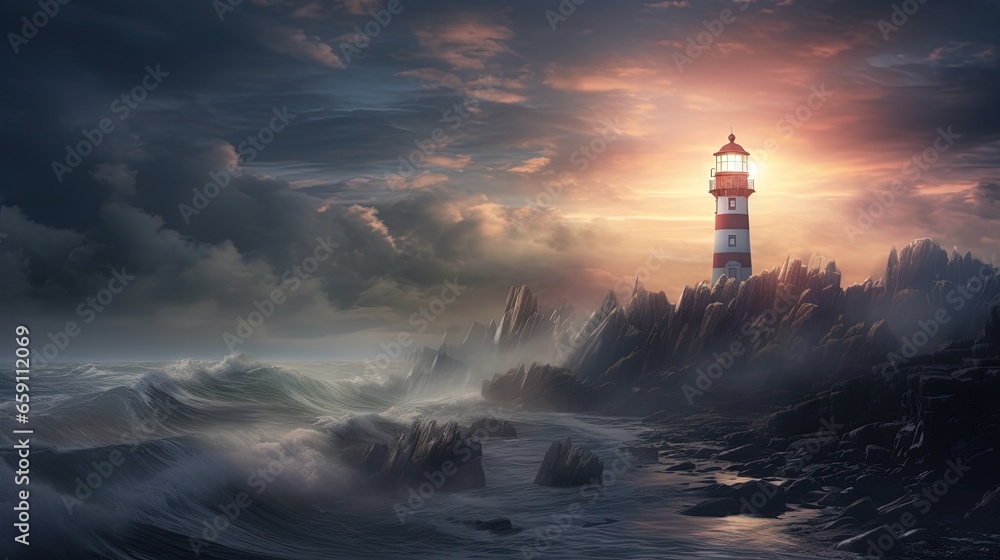 Poster a lighthouse in the middle of the ocean with a sunset in the background. generative ai