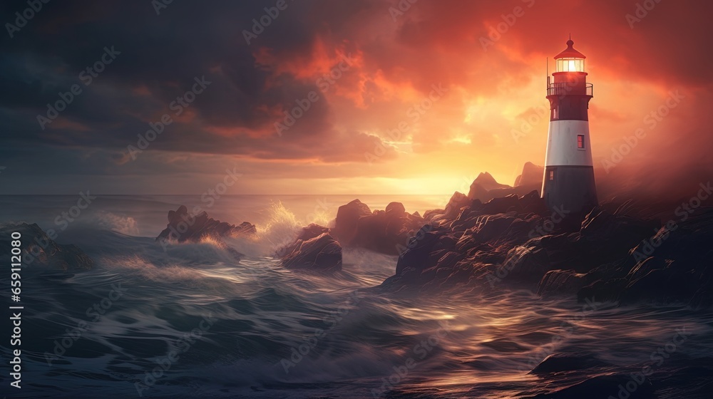 Poster a lighthouse on a rock in the middle of the ocean. generative ai