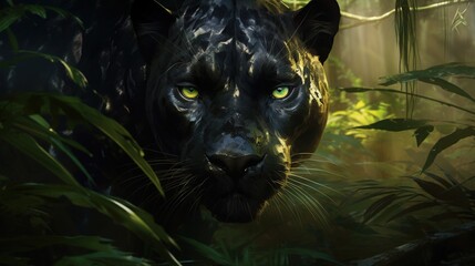  a painting of a black panther in the jungle with green eyes.  generative ai