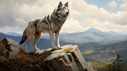  a painting of a wolf standing on top of a mountain.  generative ai