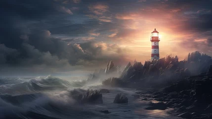 Fotobehang  a lighthouse in the middle of the ocean with a sunset in the background.  generative ai © Olga