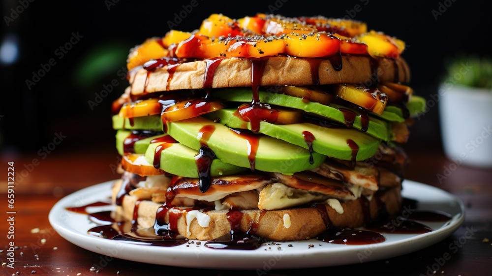 Poster a stack of food with fruit on top of it on a plate. generative ai