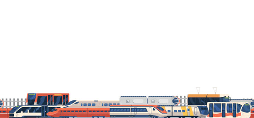 Dynamic, Contemporary Seamless Pattern Showcasing Sleek Trains And Trams In Vibrant Colors, Horizontal Border