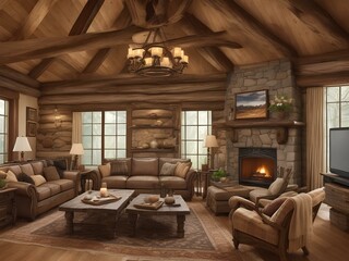 Fototapeta na wymiar A rustic living room comes to life with the addition of a handcrafted sofa, its clay or stone base providing a sturdy foundation for this stunning piece. Decorative wooden logs add a touch of warmth 