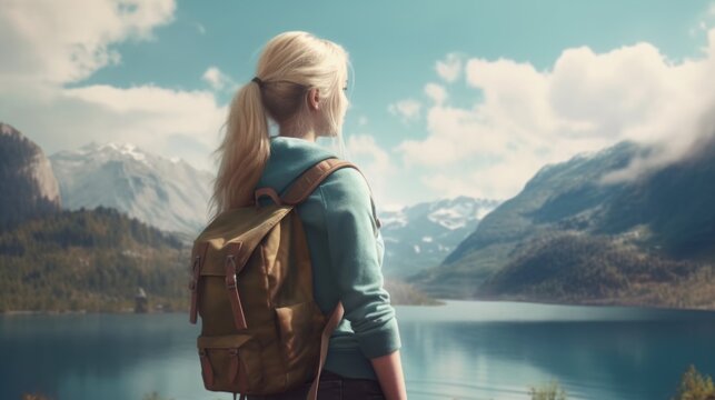 Portrait of a beautiful blonde traveler in a blue hoodie looking at a mountain lake in a valley. Mountain forest landscape in summer on the background of the sky with clouds. Generative AI.