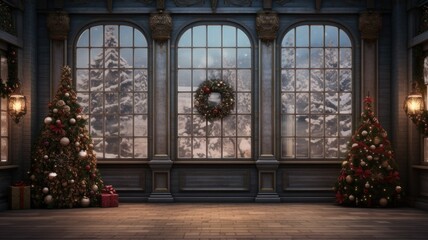 house and fir tree, elegantly decorated home porch with a Christmas wreath on the door, perfect canvas for announcing holiday events, wishes or messages.