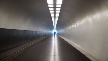 A man walking through a tunnel with light coming from the end