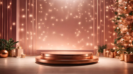 Rose gold round podium in front of a Christmas tree and presents with glitter light illuminated background. 3D rendering Illustration of mockup with copy space for product display or presentation