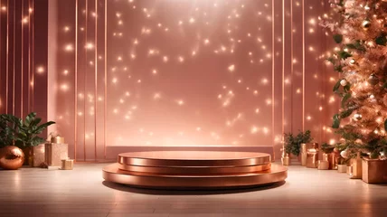 Fotobehang Rose gold round podium in front of a Christmas tree and presents with glitter light illuminated background. 3D rendering Illustration of mockup with copy space for product display or presentation © Matcha