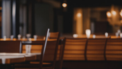 empty wooden chairs in coffee shop, blurred background, bokeh focus