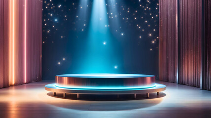 Silver platform on festive stage background with blue light beam in the middle. 3D render illustration of mockup with copy space for product display, template or presentation.