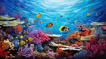  a painting of a coral reef with many different types of fish.  generative ai