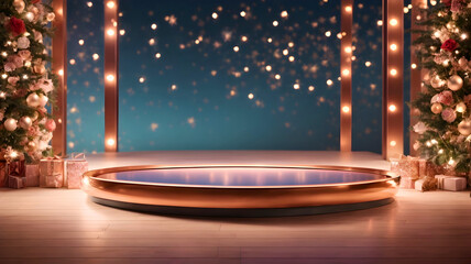 Rose gold round podium in front of a Christmas tree and gold glitter lights background. 3D rendering Illustration of mockup with copy space for product display, template, or presentation.