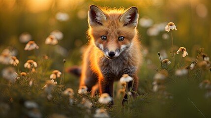 Fototapeta premium a small fox is standing in a field of wildflowers. generative ai